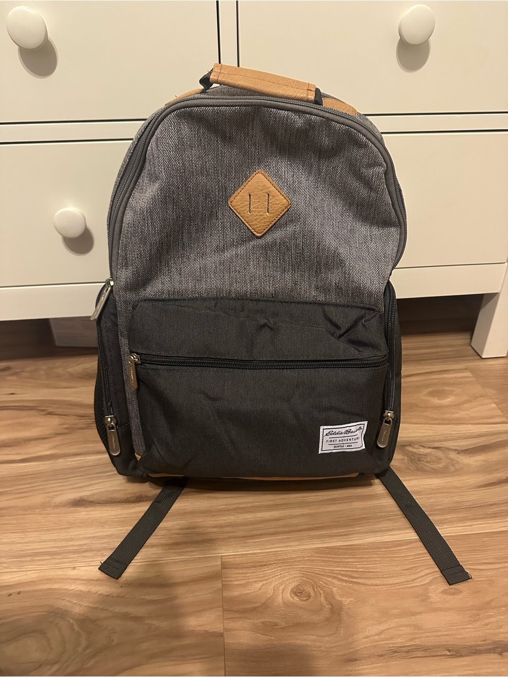 Eddie Bauer Gray and Black Diaper Backpack with Tan Accents